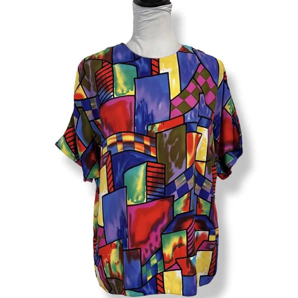 Vintage Bold Geometric Blouse Top Size 12 Colorful Abstract Boxy Iconic‎ 80s 90s